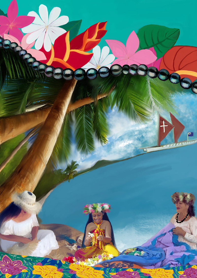 世界祈祷日のために描かれた絵。クック諸島の美しい空と雲、海と島、ヤシの木々と花々を背景に3人の女性たちが美しい布や飾り、扇のようなものを作っています。諸島をイメージしているのでしょうか、黒真珠の列が上段に連なっています