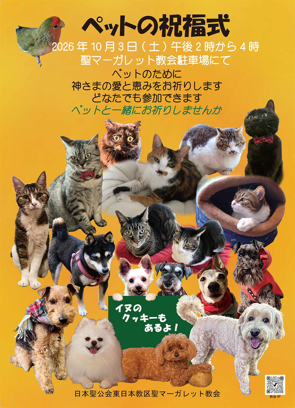 教会員の多数のペット（小鳥、ネコ、イヌ）の写真で構成した、ペットの祝福式案内チラシの写真"