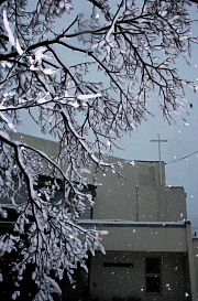 snowing on the church