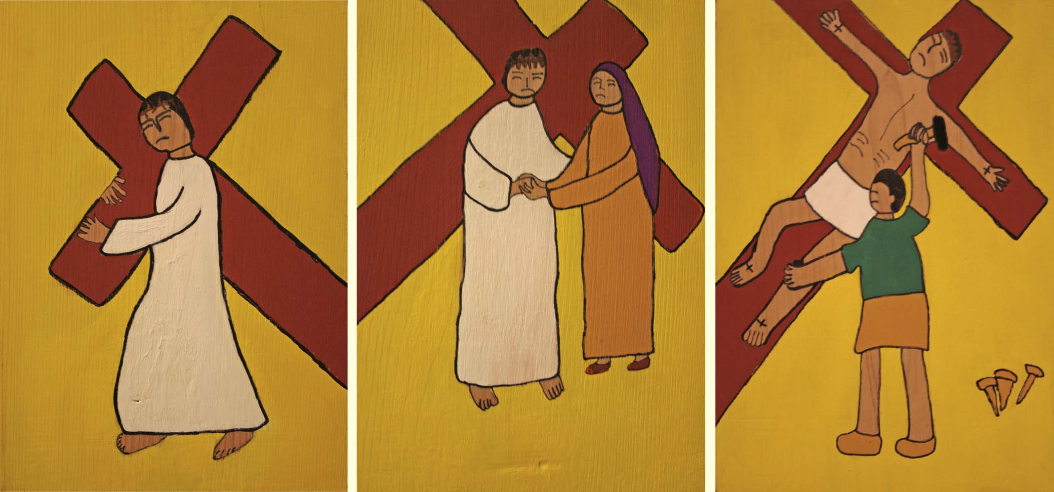 ラルシュ・カナの家若松政二さん作十字架の道行板絵2留、4留、11留の写真。聖マーガレット教会礼拝堂壁に掛けられている。
