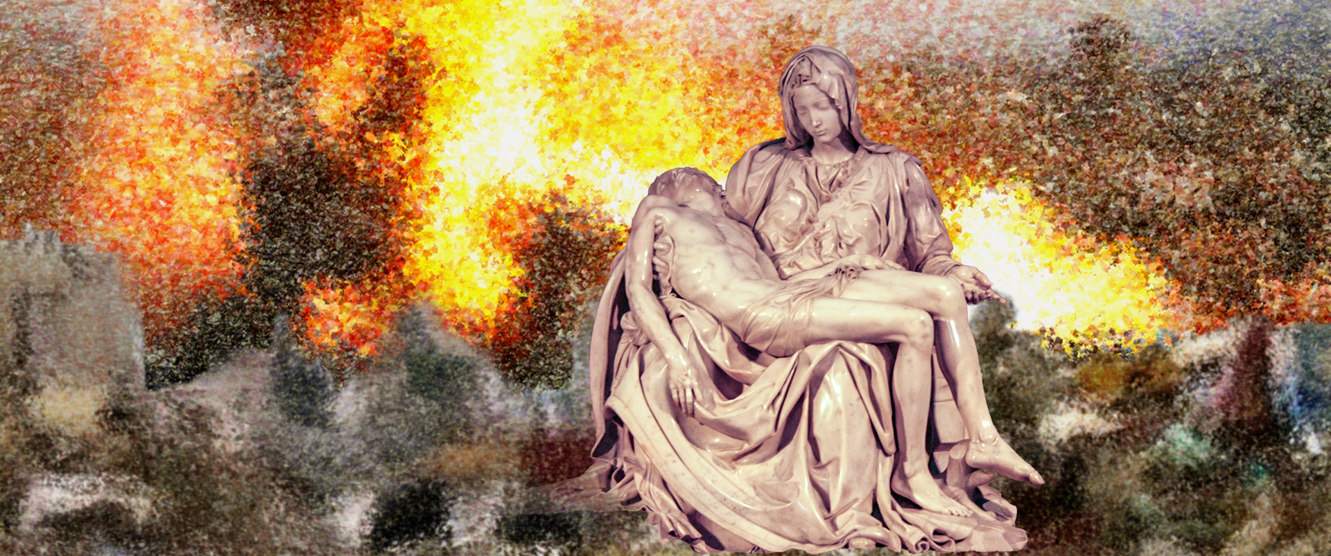 ミケランジェロ作ピエタと爆撃を受けるガザの画像。聖なる週にもかかわらず、命を落としたわが子を抱く悲しみの母たちの涙が聖地を濡らします
