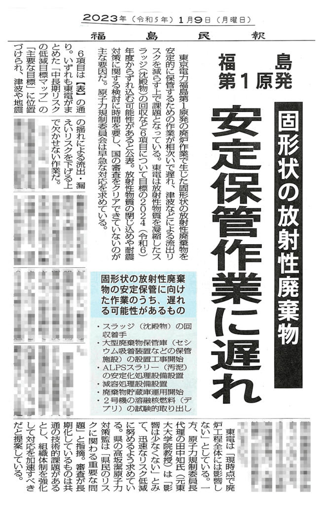 固形状の放射性廃棄物「安定保管作業に遅れ」 – 福島民報から（2023/1/9付）