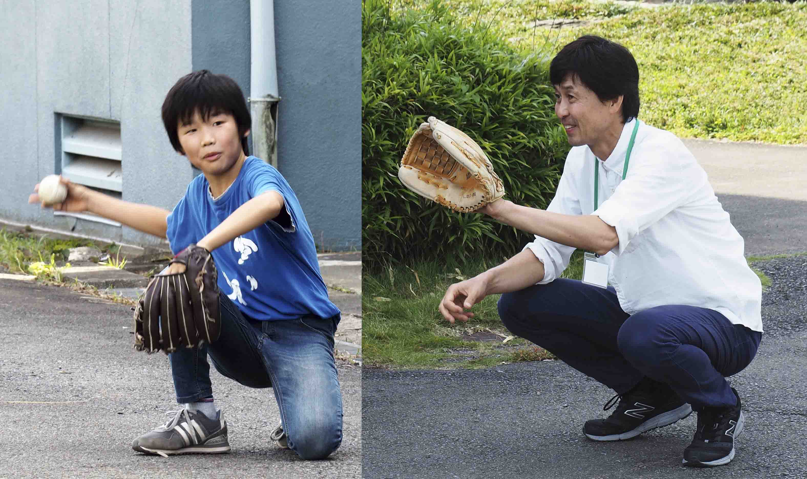 丸木美術館の前の道路で、キャンプに参加した男性と子どもがキャッチボールしている写真。