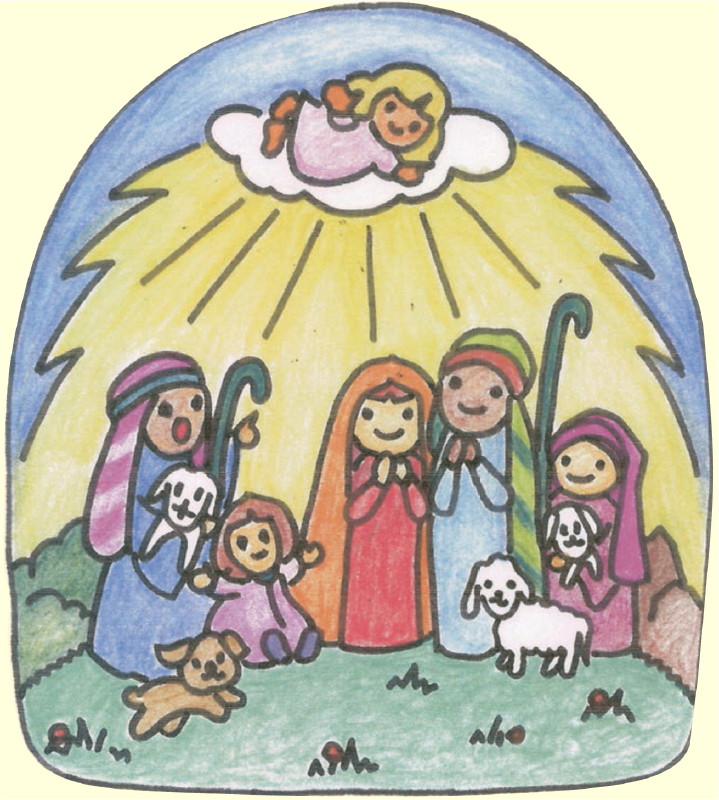 2020年の「みんなでつくるクリスマス・パーティー」の案内チラシに掲載されたイエス様ご降誕のイラストです。聖家族の両脇に羊飼い、動物たちが楽しそうに囲み、天上から雲に乗った天使が祝福しているイラストです。