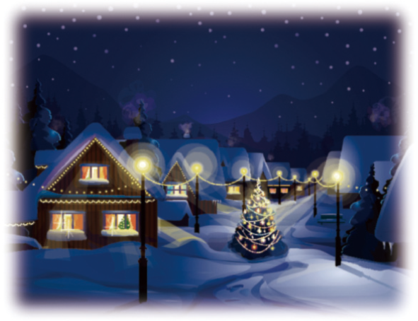 冬の夜、雪降る町のイラスト。町の中央の広場に雪が積もり、クリスマスツリーのオーナメントが輝いている。家の窓に明かりがともり、室内のクリスマスツリーの緑の枝が見える。町の街燈が淡い光で雪化粧の町を照らしています。