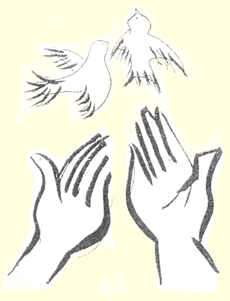 聖公会神学院校長の佐々木道人司祭が描かれた手のひらから鳩がとびたつ絵