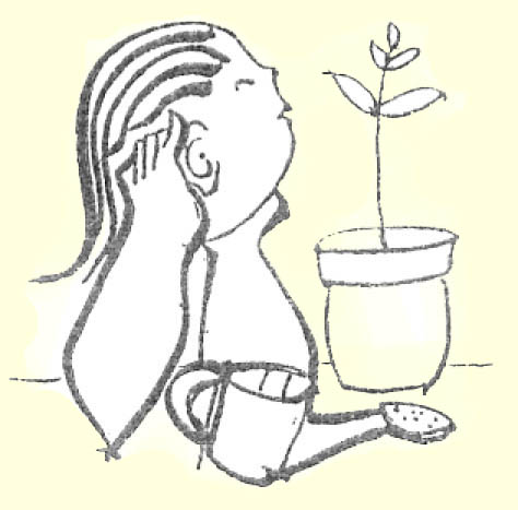 聖公会神学院校長の佐々木道人司祭が描いてくださった絵。女性が鉢植えの小さな木の成長を、うっとりと見つめている。近くに水やりの小さなじょうろが置かれている。
